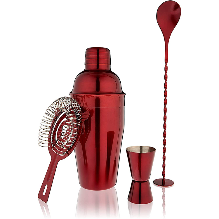 Nouveauté Shaker Rouge Peinture Shaker avec Couvercle Double Jigger Pilon Cuillère Touillette Barware Ensemble Cocktail Outils