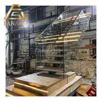 Gerade Holzstufen-Glasgeländer-Treppe für Innenbereich Modern Freischwebend / Vorgefertigte Holztreppe mit LED-Beleuchtung