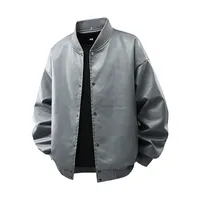 Blouson bomber en cuir PU gris, fermeture à boutons-pression oversize, col, poignets et ourlet côtelés, manteau streetwear à épaules tombantes volumineuses