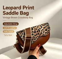 Nouveau sac bandoulière demi-lune imprimé léopard pour femme, sacoche vintage marron en PU avec sangle réglable