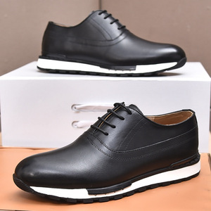 Men's Genuine Leather Oxfords <b>Round</b> Toe Black Lace-up Dress Shoes <b>Cushioned</b> Rubber Outsole Office Career All Seasons - Product Image 2