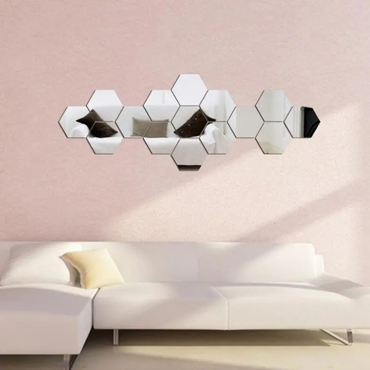 Hexagon Acrylic Mirrors 3D Wall Decor Tile Sticker  Silver Wall Decals for Bedroom Living Dining Bath Room Decorations