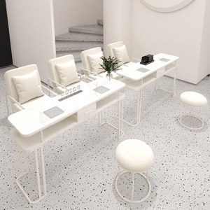 Marble Nail Table Manicure Workstation Modern Salon Furniture <b>White</b> Stone Top with Drawer and Side Shelf - Product Image 4