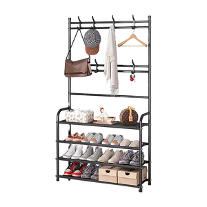 Sheeraz International Modern Freestanding Durable Eco-Friendly Entrance Hall Tree <b>Shoe</b> Rack 3 Shelves 8 Double <b>Hooks</b> Iron - Product Image 1