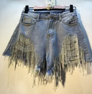 Sıcak satış delik yüksek bel taklidi artı boyutu Jean kısa pantolon püskül zincir Denim şort kadınlar için