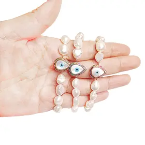 Multicolor Diamond Pave Teardrop Charm Pearl Bracelet Beaded Shell Evil Eye Bracelet Real Pearl Stretch Bracelet Jewelry