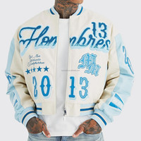 Chaqueta Varsity Azul Crema Personalizada para Hombre, Parches Bordados en Chenilla, Bloques de Color, Estilo Bomber, Fabricante de Ropa con Etiqueta Privada OEM ODM