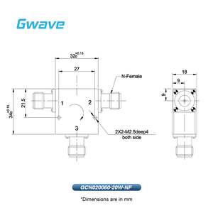 Circulador Gwave GCN020060-20W-NF con Aislamiento de 15dB de 2GHz a 6GHz, 20 Watts, 50 Ohmios, Baja Pérdida de Inserción y Conector N Hembra - Product Image 3