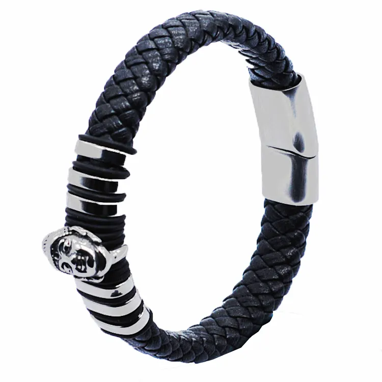 Atacado Homens Camadas Duplas Pulseira De Couro Genuíno Masculino Simples Gancho 316L Aço Inoxidável Charme Pulseiras & Bangles