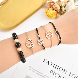 Beaded Bracelets Set Women's Alloy Gold Plated Bohemia Style Flower Heart <b>Map</b> Black Beads Gift Fashion Jewelry 2024 - Product Image 3