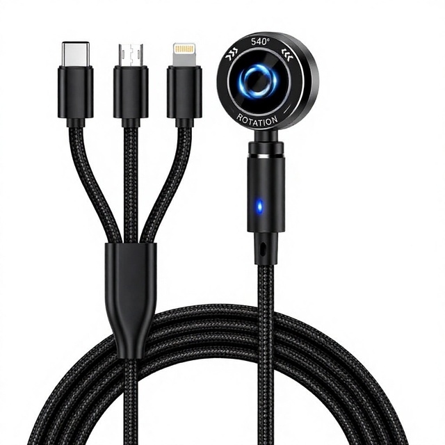 Magnetic 3 in 1 Data Cable USB-C to USB-A to Braided Charging Cable 540 Degree Rotation for Phone