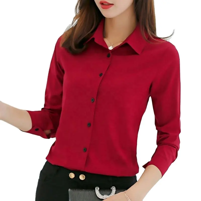Elegant Blouse Women Chiffon Office Career Shirts Tops 2022 Fashion Casual Long Sleeve Formal Red Blouses