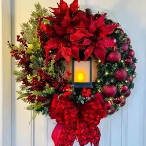 Hot selling Artificial Christmas Wreath decoration red lamp Christmas wreath decoration Christmas holiday home deco