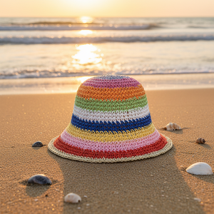 <span class=keywords><strong>หมวก</strong></span>ฟางสานทรงบักเก็ตทำมือ Landfond Accessory สำหรับฤดูร้อน สไตล์เกาหลี ป้องกันแสงแดด ลายรุ้ง เหมาะสำหรับชายหาด - Product Image 3