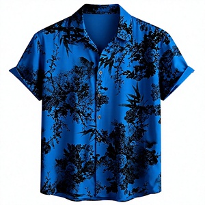 Chemise décontractée pour homme en coton/polyester bleu et noir, col rabattu, manches courtes, respirante, écologique, printemps, plage - Product Image 1