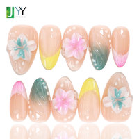 Faux ongles à presser Island Vibe 3D, motif fleur de gelée, style hawaïen, faits main, design estival, courts, forme amande, gel brillant, Hibiscus Aloha