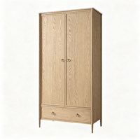 Armoire 2 portes en chêne massif avec tiroir, poignées anneaux en laiton, pieds coniques, style nordique minimaliste, rangement pour chambre à coucher, maison, appartement, hôtel