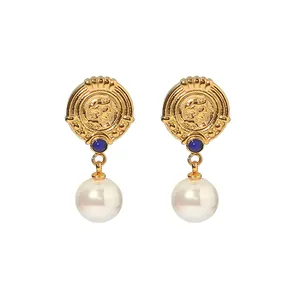 Classic Stainless Steel Gold Plated Huge Pearl Pendant Earring Blue Lapis Delicate Design Drop Earring