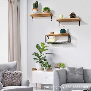 Wooden <b>Wall</b> <b>Mounted</b> <b>Shelf</b> Iron Wood Combination Kitchen Organizer Living Room Plant Storage Rack Rectangle Durable - Product Image 3
