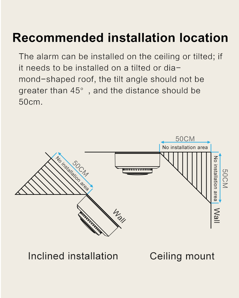 Recommended installationlocation The alarm can be installed on the ceiling or tilted; ifit needs to be installed on a tilted or dia-mond-shaped roof, the tilt angle should not begreater than 45°,and the distance should be50cm.