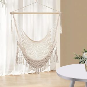 Hand-woven Cotton <b>Hammock</b> Swing Chair, Comfortable Hanging Chair with Spreader Bar & Tassels for Patio, Bedroom, Balcony - Product Image 2