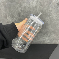 Canette de bière soda transparente en plastique acrylique de 16oz gobelet à boire en plastique transparent avec couvercle en bambou ou couvercle en plastique et paille