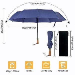 Parapluie de golf anti-vent bleu marine promotionnel avec impression de logo personnalisé, pliable en 3 sections, idéal pour les cadeaux d'affaires, grand format - Product Image 4