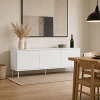 Meuble TV blanc minimaliste, console multimédia à profil bas avec pieds en métal robustes pour salon
