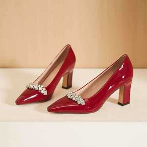 Escarpins rouges en PU à bout pointu, talon carré, décor strass, chaussures de mariée, talon haut 5cm 8cm, couleur unie, tendance mode - Product Image 1