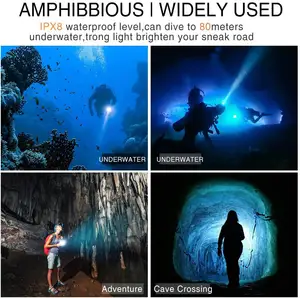 스쿠버 다이빙 손전등 다이빙 토치 2000 루멘 방수 수중 LED 잠수함 조명 홀더 수중 깊은 바다 동굴