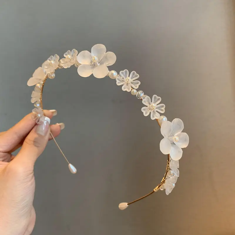 Korea Sweet Handmade Twist Flower Hairband Thin Edge White Crystal Flower Hair Band Hair Accessories