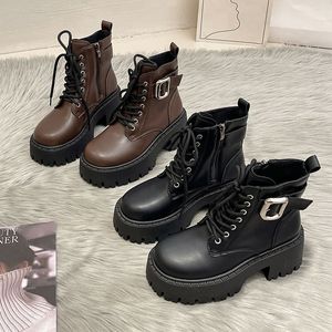New Arrivals Women's Korean Leather Lace-up Ankle & <b>Bootie</b> Boots High Chunky Heel Buckle Fleece Lined Fashion Designer Winter - Product Image 6