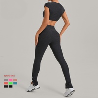 Ensemble de yoga personnalisé respirant et uni, haut court à col en V et pantalon évasé taille haute, 2 pièces, contrôle du ventre, pour entraînement et fitness