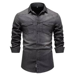 C1114b1591 Xz Grensoverschrijdende Heren Casual Denim Shirt Met Lange Mouwen Effen Kleur - Product Image 1