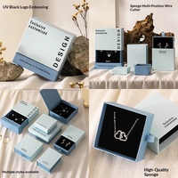 Boîte de rangement pour bijoux bleue texturée en gros, en stock, avec doublure en éponge et impression bronzée pour bagues, boucles d'oreilles, colliers - Emballage cadeau