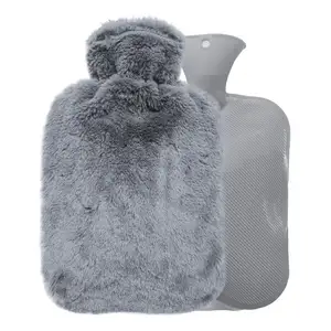 Garrafa de água quente de borracha 2L para cólicas menstruais, saco premium de cor cinza com tampa de pelúcia, ideal para alívio da dor