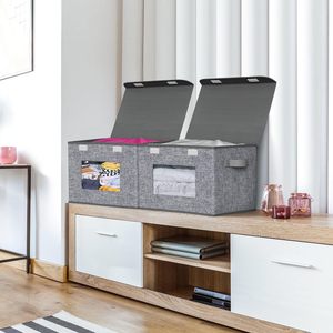 Modern Fabric <b>Storage</b> <b>Bins</b> with <b>Lids</b> Stackable 4 Pack for Clothes Grey Linen - Product Image 5