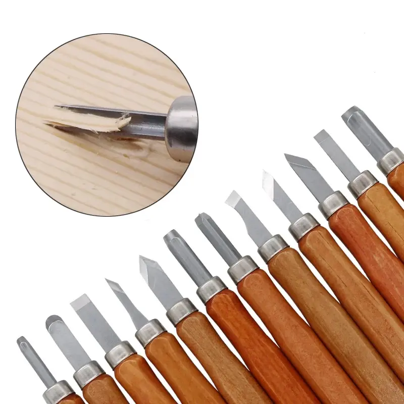 Set di utensili manuali per coltelli a scalpello per intaglio del legno professionale da 12 pezzi per Kit di coltelli da intaglio di base per intaglio di falegnami