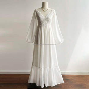 女性用カスタムVネックレースシフォンドレス長袖ハイウエストシアーマキシドレスレディース - Product Image 3