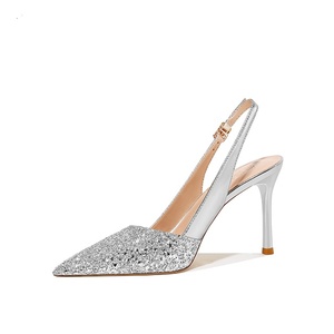 Printemps et été nouveau français Sexy petits talons hauts frais pour femmes talons bout pointu après les sandales à paillettes épissage vide - Product Image 4