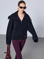 100% Reiner Kaschmir Lässiger Reißverschluss-Rollkragenpullover für Damen Übergroß mit Fallenden Schultern Langarm Gerippte Bündchen Saum Rückennaht Weich