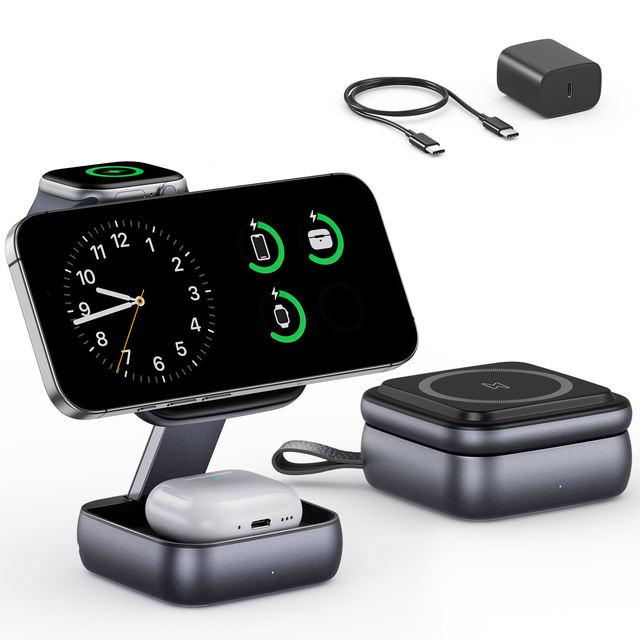 Amazo Hot Seller 3 in 1 Foldable Magnetic Wireless Charger 15W Fast Charger Type-C Port for Smartphone Watch Earphone