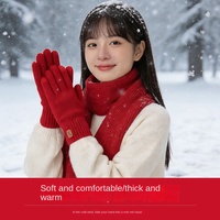 Gants d'hiver en tricot rouge uni, épais, antidérapants, ensemble 3 en 1, bonnet, écharpe, gants à doigts entiers compatibles avec les écrans tactiles, pour cadeau de Noël