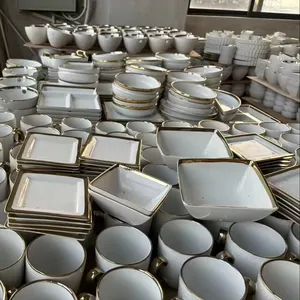 Großhandel billiger Keramik-Essteller mit Goldrand Keramik-Schalen Massenware Teller aus Porzellan Großteller aus Keramik Tonnenverkauf