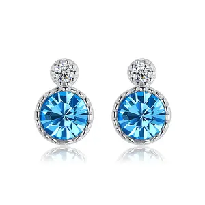 Hot Sale High Quality S925 Ocean Blue Pink Crystal Stone Stud Earrings