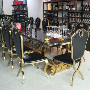 Table à manger de style européen, luxueux et moderne, en marbre, avec cadre en acier inoxydable doré, meuble de table rectangulaire - Product Image 4