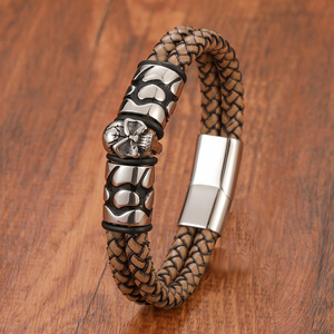 Factory Outlet Double Leather Rope Woven <b>Bracelet</b> Stainless Steel Magnetic Clasp Genuine Leather Metal Skull for Mens <b>Bracelet</b> - Product Image 2