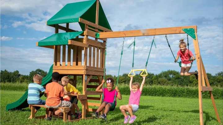 Playground Children Timber Swing and Slide Sets on Sale Outdoor Wood  Climbing Frame Wooden Swing Set with Plastic Accessories