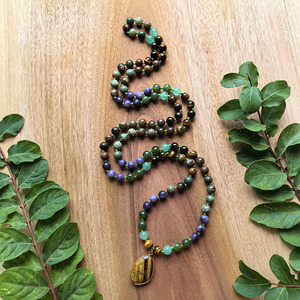 Collar de Meditación con 108 Cuentas Anudadas a Mano, Jade Verde, Turquesa, Lepidolita, Ojo de Tigre, Cristales Curativos, Joyería de Yoga - Product Image 4
