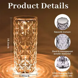 Rose Crystal <b>Table</b> Lamp RGB Color Changing <b>LED</b> Night <b>Light</b> Touch Control USB Rechargeable Desk Decorative <b>Light</b> - Product Image 2